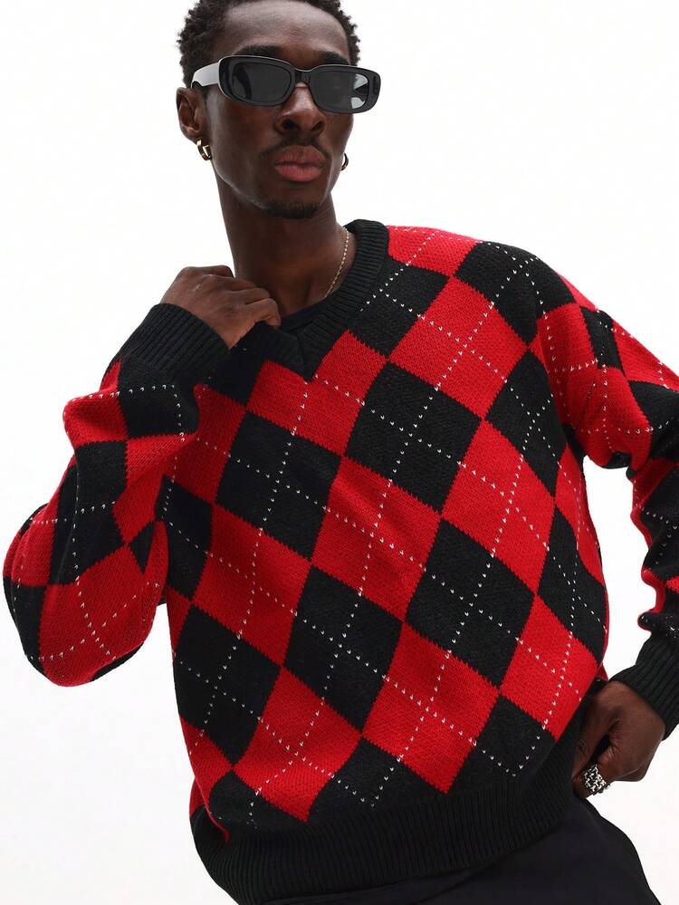 Argyle Diamond Pattern Crew Neck Knit Sweater