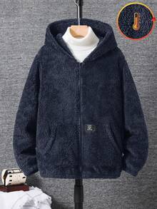SHEIN 青少年男孩连帽休闲学院风柔软舒适简约实用百搭毛绒夹克，适合秋冬季，适合日常穿着、户外玩耍、学校、街头风格、派对和居家 - 藏蓝色 - 查看 6
