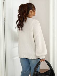 SHEIN Frenchy Plus Size Casual Contrast Trim Tie Front Cardigan Sweater/Winter - Black and White - View 2