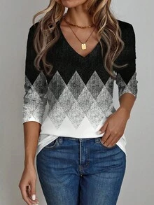 EMERY ROSE 女士复古钻石硬币印花V领长袖T恤，适合秋冬季，适合外出、通勤，别致 - 彩色 - 查看 4