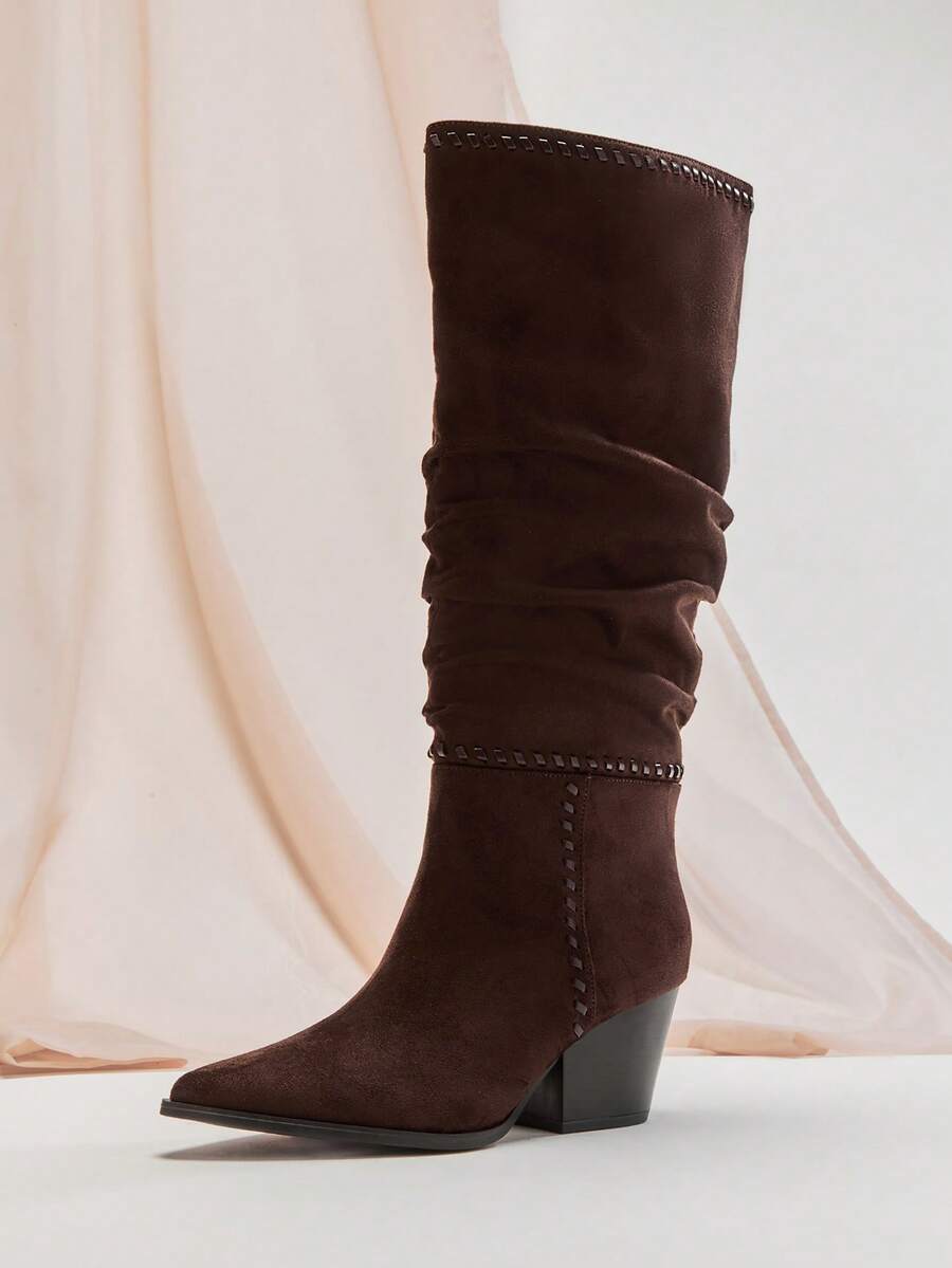 SHUZIA Women's Glamorous Sexy Pointy Toe Block Heel Knee-High Slouchy Boots - Chocolate Brown - View 1