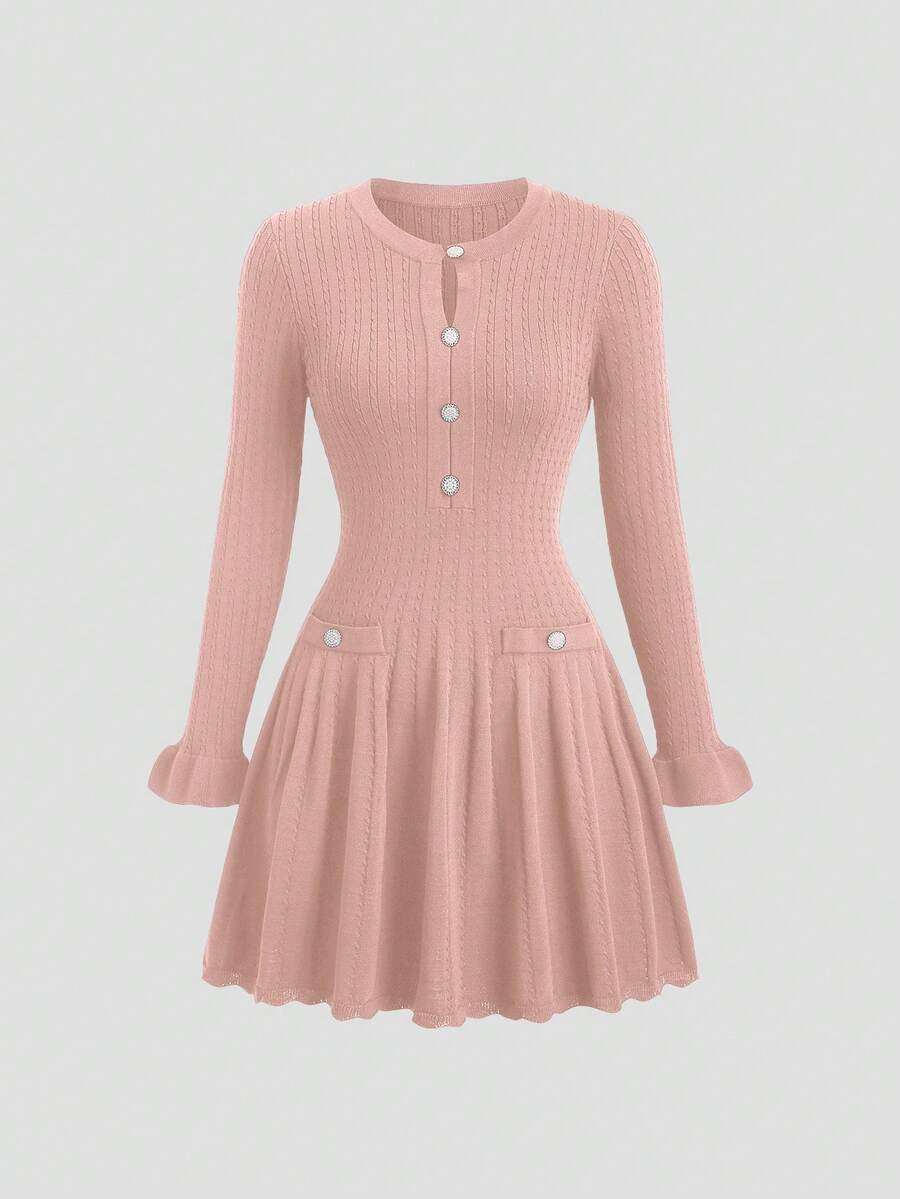Sweetra 初秋法式优雅风藏青色镂空复古荷叶边下摆优雅长袖短款针织连衣裙 - 粉色 - 查看 1
