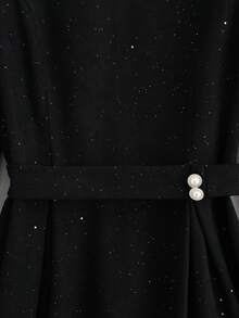GlowEve Women's Elegant Silver Glitter Round Neck Waist Cinched Pearl Button Lantern Sleeve Midi Dress - Black - View 6