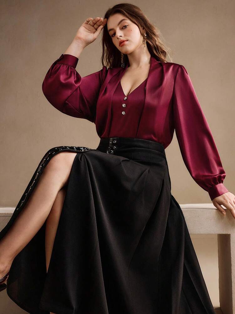 Top chic de navetteur col V Anewsta, jupe plissée noire moderne à ligne A avec décoration de sangle , ensemble 2 pièces pour femmes grandes tailles, automne/hiver