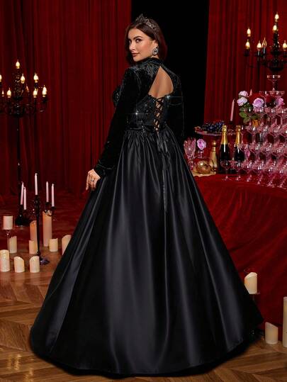 Glamrae 大码黑色天鹅绒与撞色蕾丝 A 字型优雅晚礼服