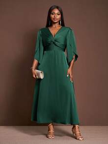 Veslaya 秋冬新款优雅派对/约会/正式场合/通勤/晚宴/日常穿着/圣诞节绿色V领扭结前襟荷叶袖A字长裙，大码，亮面缎面面料，新年/派对礼服，女士优雅连衣裙，亮面连衣裙 - 墨綠色 - 查看 4