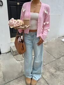 SHEIN Unity Women's Casual Versatile Bow Decor Front Cardigan Fall Winter For Women, Pink - Pink - View 5