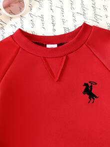 Elladie kids Conjunto de sudadera y pantalones de 2 piezas para niñas, cuello redondo, unicolor, manga raglán - Rojo - Ver 4