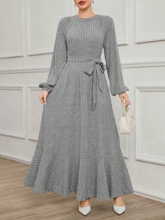 Mulvari 1pc Women's Extra Long Modest Crew Neck Knitted Dress, Elegant For Everyday Wear, Autumn/Winter