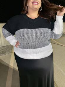 Enliva Damen Große Größen Kontrast-Farbiger V-Ausschnitt, Drop Shouldern, Langarm Lässig Pullover für Herbst/Winter - Verschiedenfarbig - Übersicht 2