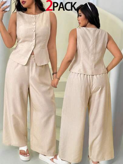 SHEIN EZwear Plus Size Casual Business Striped Vest And Pants Suit Set Two Pieces Set Women Elegant Women Two Pieces Pant Set Cream Two Pieces Set Linen Two Pieces Set Autumn Winter Clothes For Women