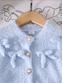 Young Girls Knitted Faux Fur Cardigan Long Sleeve Blue Soft Bow Pearl Button Front Jacket, White Pleated Skirt 2-Piece Set, Elegant Children Comfortable Outfit For Spring/Autumn - Blue - View 4