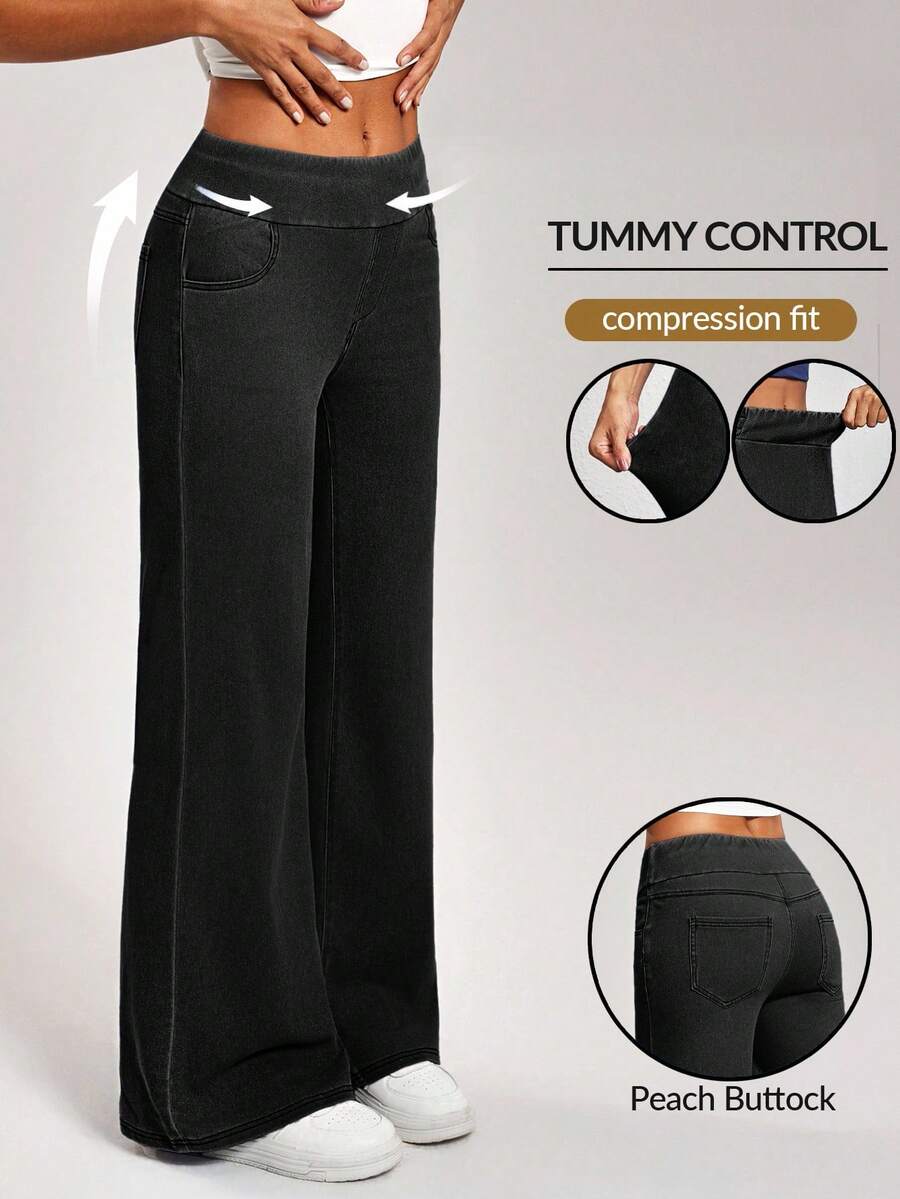 Flexra Celana Jeans Wanita Ukuran Plus Kasual Elastis Tinggi Model Lurus, Celana Hitam Pas Badan dengan Kontrol Perut untuk Musim Panas, Nyaman untuk Liburan Kasual, Formal, dan Klub. - Hitam - View 1