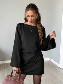 SHEIN LUNE 2 pièces/Set Femme Style Décontracté Ample Élégant Style Navette Manches Cloche Nœud Dos Blouse et Jupe Trapèze, Automne/Hiver