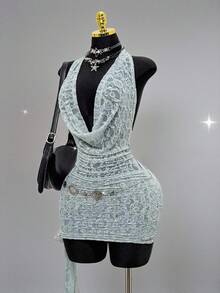 EgrlEra Váy ngắn hở lưng cổ khoét sâu ren gợi cảm thời trang dành cho nữ - Màu xanh Bạc hà - Xem 4