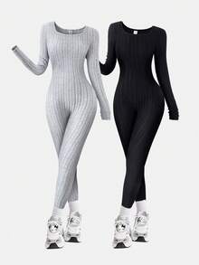 2件套女童简约拉绒罗纹U领紧身连体裤，黑色和灰色组合 - 灰色 - 查看 1
