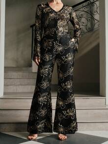 Anewsta Elegant Lace Embroidered Textured Slim Fit Flare Pants, Autumn/Winter - Black - View 4