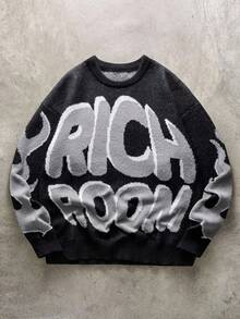 Manfinity EMRG 男士休闲字母图案针织衫，秋冬季圆领印花毛衣，返校季，复古风，长袖上衣 - 黑色 - 查看 2