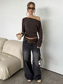 SHEIN BAE Women's Solid-Color Cashmere Warmth Asymmetrical Neckline Pleated Casual Long-Sleeve T-Shirt Music Festival, Street Style, Casual Outings Brown Cashmere Top, Fall/Winter Warmth Top, Outerwear Layering Dark Brown Top - Coffee Brown - View 6