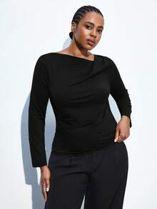 Maija 女士加大码不对称褶皱修身长袖上衣，都市通勤商务休闲办公装，优雅适合圣诞派对、新年庆祝活动、圣帕特里克节、复活节、夏季派对、海滩度假、夏季外出、毕业典礼等场合。 - 黑色 - 查看 4