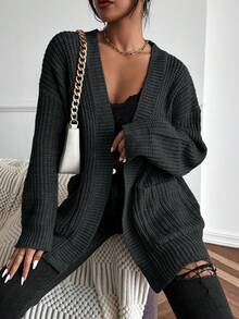 EMERY ROSE Casual Solid Color Cardigan, Autumn/Winter - Dark Grey - View 4