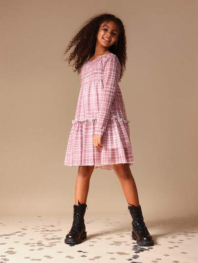 SUMWON Girls Long Sleeve Pink Checked Mesh Ruffle Dress With Smocked Bodice And Tiered Skirt For School And Play