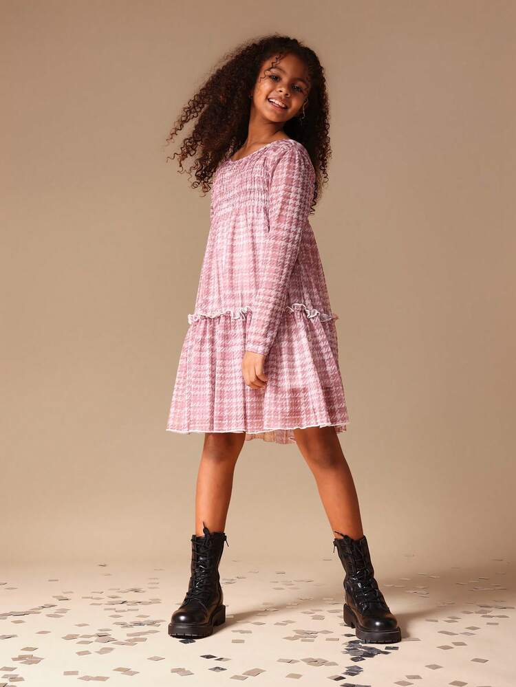 Pink Checked Mesh Ruffle Dress With Long Sleeves