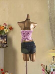 Attitoon Women's Casual Retro Y2K Harajuku Pink Leopard Print Pattern Drawstring Tie Front Cropped Camisole Top - Multicolor - View 2