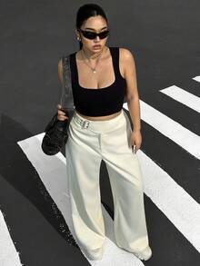 SHEIN EZwear 大码休闲简约风格米色纽扣开合裤 - 米色 - 查看 9
