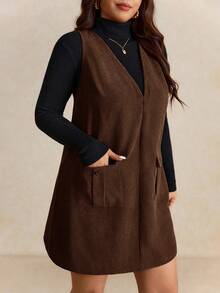 Elaquor Váy suông không tay màu trơn cỡ lớn, thường ngày, thu/đông - Màu nâu Sô-cô-la - Xem 4