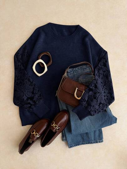 Elaquor Pulover elegant, versatil, cu model patchwork, mărime plus, casual, toamnă/iarnă