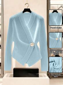 Franclia 女士浅蓝色新款秋冬V领交叉金属纽扣不对称下摆针织立体纹理腋下长袖开衫，欧美风优雅简约时尚日常通勤 - 藍色 - 查看 1