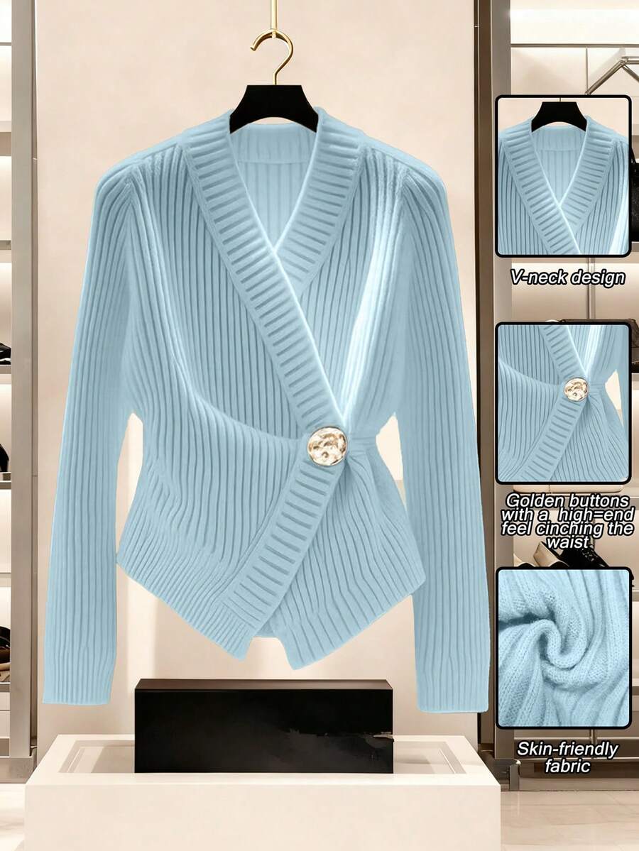 Franclia 女士浅蓝色新款秋冬V领交叉金属纽扣不对称下摆针织立体纹理腋下长袖开衫，欧美风优雅简约时尚日常通勤 - 藍色 - 查看 1