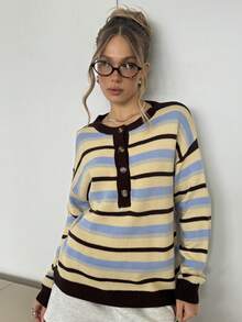 SHEIN BAE Suéter holgado de mujer con caída de hombros, decoración de medio botón y patrón de rayas colegial, para uso casual y de trayecto, otoño/invierno - Multicolor - Ver 4