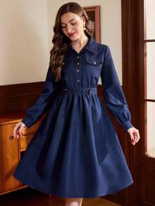 Vintamour Vintage Elegant Women's Dress With Pockets And Metal Buttons Casual Commute Holiday Dress Fall Clothes For Women Winter Clothes Christmas Winter Dress Women Autumn Clothes For Women Christmas Clothes For Women New Year Dress Thanksgiving Outfit For Women Elegant Dresses For Women Casual Outfit For Women - Blue - View 6