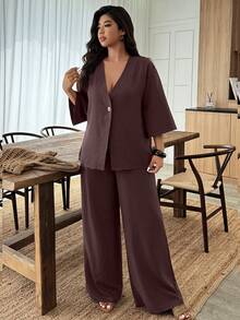 Weeklong Plus Size Solid Color Minimalist Daily Short Sleeve Top And Pants 2 Pieces Set - Burgundy - View 6