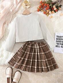 Elladie kids 2pcs/Set Tween Girl Autumn/Winter 2025 Outfit, Round Neck Fabric Open Front Faux Pocket Decor Jacket, Plaid Pleated Mini Skirt, Collegiate Style Minimalist Elegant Vintage Suit - Multicolor - View 2