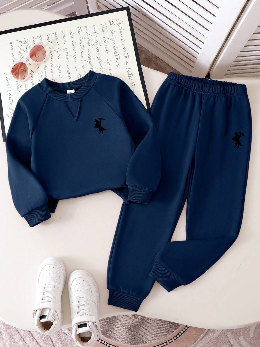 Elladie kids 2件組休閒純色落肩袖運動衫與長褲套裝 少女運動套裝 少女慢跑套裝 藍色少女套裝 藍色女童套裝 - 藍色 - 查看 1