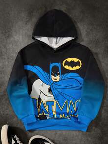 BATMAN X SHEIN 青少年女孩图案超大落肩渐变色休闲蓝色针织连帽运动衫