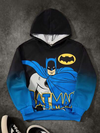 BATMAN X SHEIN 青少年女孩图案超大落肩渐变色休闲蓝色针织连帽运动衫