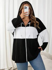 SHEIN CURVE+ Áo khoác trùm đầu màu tối giản thường ngày cỡ lớn cho nữ, Áo khoác ngoài mùa thu cho nữ - Đen và trắng - Xem 6
