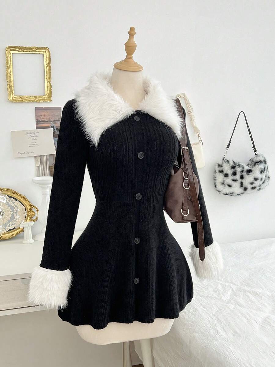 SHEIN Unity Váy len dệt kim cổ lông dài tay thường ngày cho nữ, mùa thu/đông - màu đen - Xem 1