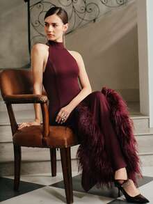 Anewsta Women's Vintage Chic Halter Neck Fitted Dress With Faux Fur Skirt Design, Long Dress For Fall, Winter, New Year, Party, Wedding, Elegant, Stylish - Burgundy - View 4