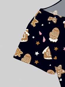 PopScrub Plus Size Women's Christmas Nurse/Doctor Uniform Top,Summer Workwear,Black V-Neck Short Sleeve Gingerbread Man Tree Print Multi-Pocket Functional Wear - Black - View 3