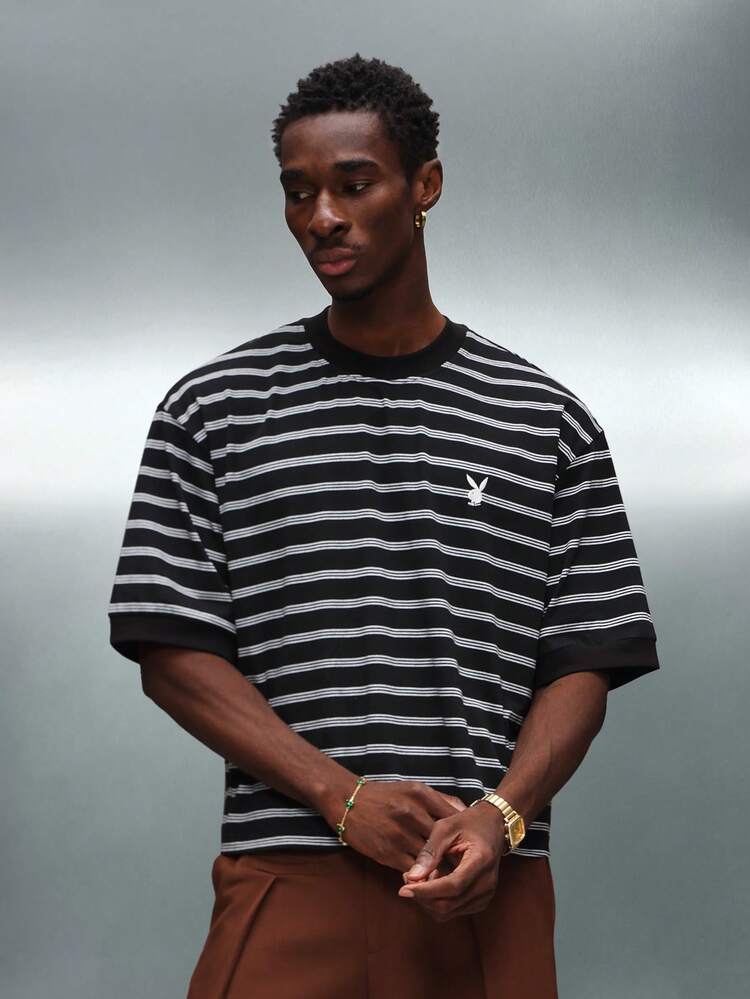 PLAYBOY X SUMWON Men Horizontal Stripes Short Sleeve Crew Neck Crop Tee Retro Casual Summer Top