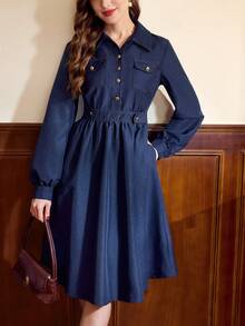 Vintamour Vintage Elegant Women's Dress With Pockets And Metal Buttons Casual Commute Holiday Dress Fall Clothes For Women Winter Clothes Christmas Winter Dress Women Autumn Clothes For Women Christmas Clothes For Women New Year Dress Thanksgiving Outfit For Women Elegant Dresses For Women Casual Outfit For Women - Blue - View 2