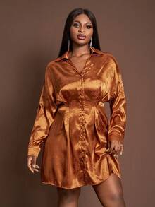 Slaydiva Burnt Orange Plus Size Elegant Autumn Party Wedding Floral Textured Lustrous Satin Collared Long Sleeve Cinched Waist A-Line Mini Dress, Rust Bronze Woven - Brown - View 5