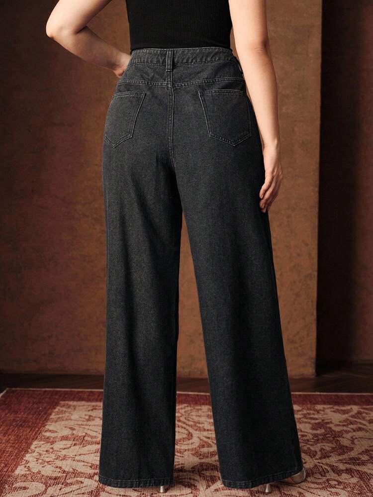 Plus Size Women's Black Straight Leg Jeans With Pearl Embellishments, Suitable For Autumn, Fall, Winter, Going Out, Elegant, Formal, Party, Chic, New Year, Christmas, Work, Graduation, Wedding
