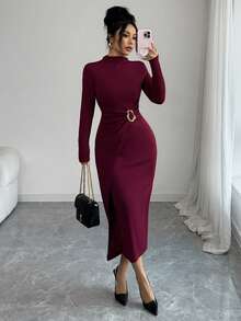 Elenzga Đầm ôm sát tay dài cổ lọ nhún bèo cho nữ - Màu Đỏ Sâu - Xem 7