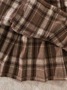 Elladie kids 2pcs/Set Tween Girl Autumn/Winter 2025 Outfit, Round Neck Fabric Open Front Faux Pocket Decor Jacket, Plaid Pleated Mini Skirt, Collegiate Style Minimalist Elegant Vintage Suit - Multicolor - View 9